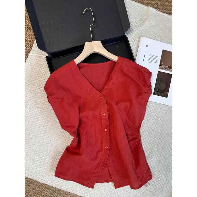 Blouses, Shirts - ブラウス 女性用 復古 赤 収腰 スリム Vネック 花苞袖 韓国 トップス 軽量 通勤 普段使い かわいい デザイン 綿混 伸縮性