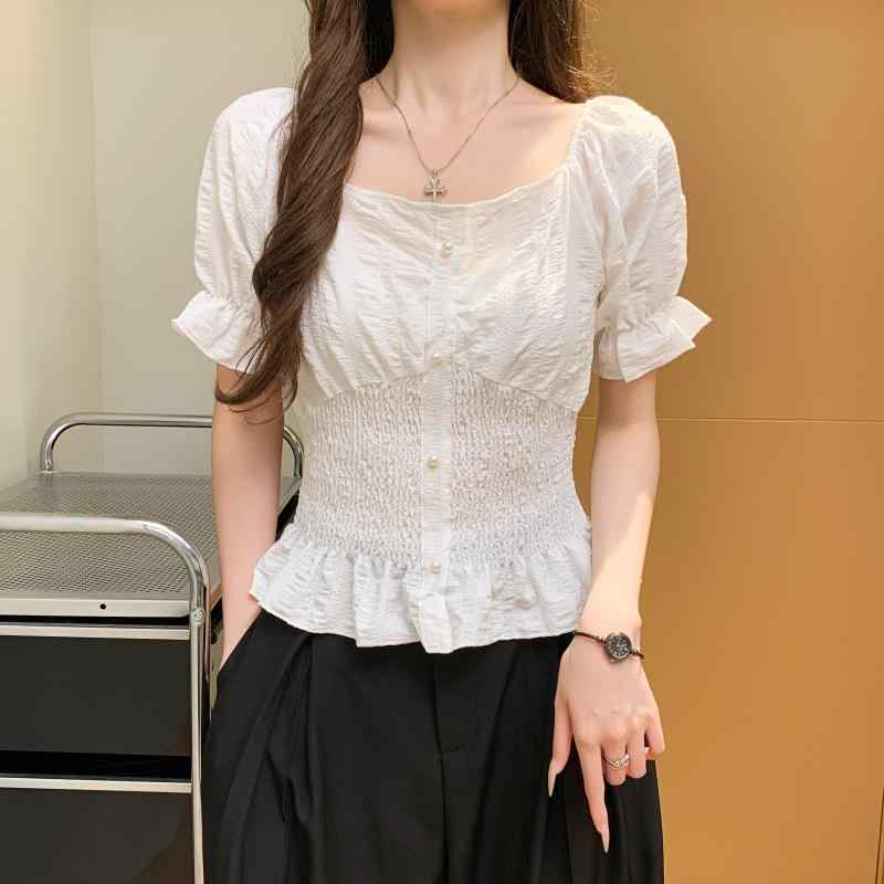Blouses, Shirts - ブラウス レディース 春夏 韓国 百搭 ファッション 修身 ウエスト切り替え スリムライン ワンショルダー 短袖 トップス シャツ 女性用 上着 軽量 綿素材 通勤 普段使い 伸縮性 吸湿速乾 ブラック ピンク系 アイボリー