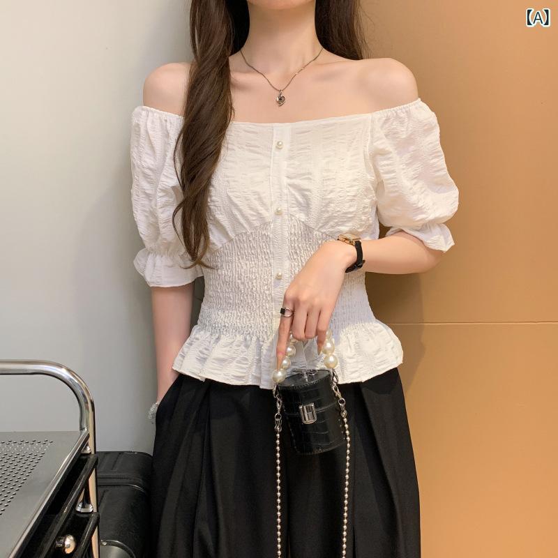 リバーパディのブラウス レディース 春夏 韓国 百搭 ファッション 修身 ウエスト切り替え スリムライン ワンショルダー 短袖 トップス シャツ 女性用 上着 軽量 綿素材 通勤 普段使い 伸縮性 吸湿速乾 ブラック ピンク系 アイボリー｜アングル2