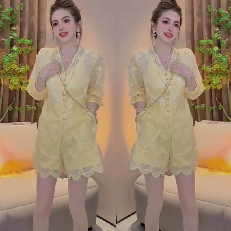 レディース セットアップ シャツ ショートパンツ 小柄対応 春夏 コントラストカラー 花柄 プリント シフォンスリーブ シングルボタン 軽量 通気性 かわいい スタイル カジュアル 普段使い
