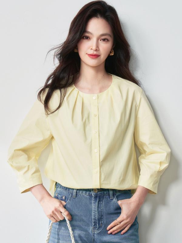 乐天商城 - シャツ 女性用 春夏 フレンチスタイル ランタンスリーブ コットン素材 七分袖 ゆったりシルエット ラウンドネック シンプル 通勤 普段使い 切り替えデザイン 軽量 吸湿速乾 ベーシックトップス
