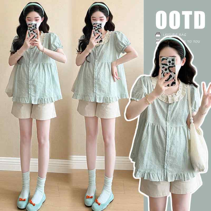 マタニティ 夏用 セット コントラストカラー レース フリル 襟 パフスリーブ ブラウス ワイドレッグ ショートパンツ 伸縮性 コットン混 軽量 通勤 普段使い