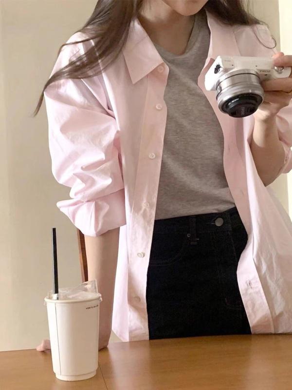 Rakuten - レディース 長袖 ブラウス 春夏 ピンク トップス シャツ 綿素材 ワイドシルエット スリム効果 かわいい 防晒 吸湿速乾 軽量 通勤 普段使い ファッション 純色 長袖シャツ 女性用 上衣 ゆったり スタイリッシュ ゆとりシルエット
