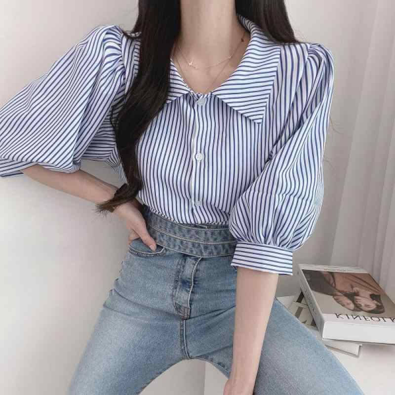 Other - 半袖 シャツ 女性用 春夏 復古 スタイル ストライプ 柄 綿 素材 軽量 通勤 普段使い トップス ブラウス 涼しい 吸湿速乾 ビッグシルエット かわいい デザイン