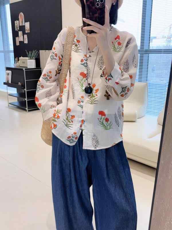Other - 春夏 女性用 リネン シャツ トップス 透気性 軽量 薄手 七分袖 小Vネック 印花柄 かわいい 度假スタイル 普段使い 吸湿速乾 涼しい リラックスフィット ピンク系 アイボリー ビッグシルエット 接触冷感 再生繊維