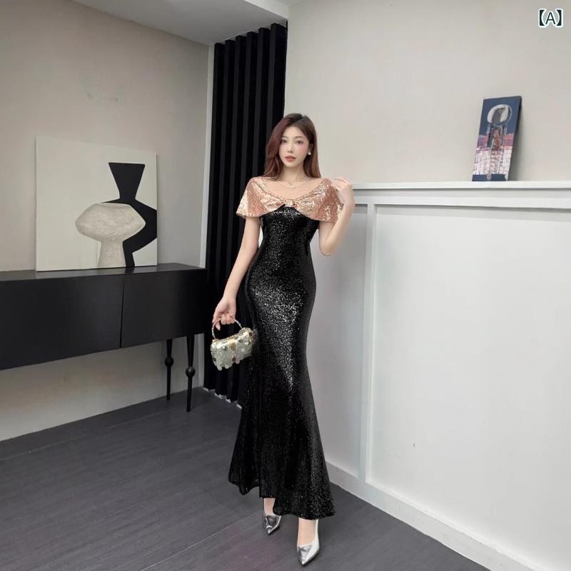 樂天商城 - ワンピース 女性用 セクシー スパンコール イブニングドレス 気品 魅惑的 高スリット フィット mermaid スリム ロングドレス フォーマル ブラック 秋冬 光沢 伸縮性 ハイウエスト 膝下丈 シック 華やか
