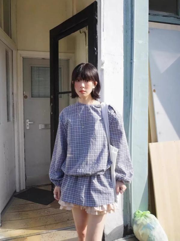Rakuten - 韓国 セットアップ 女性用 かわいい チェック柄 トップス スカート セット 軽量 コットン素材 膝丈 プリーツ ブラック ピンク系 春夏 普段使い デート コーデ ビッグシルエット 伸縮性 通勤 通学