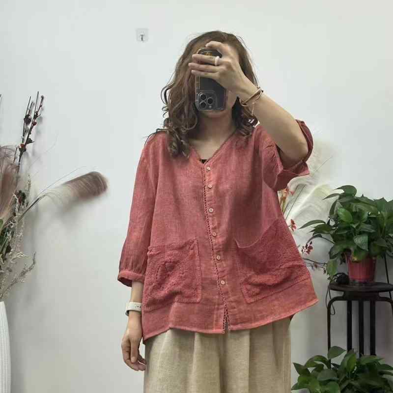 レディース シャツ 苧麻 切り替え レース 花辺 シングルブレスト トップス ワイドシルエット 文芸 七分袖 女性用 ブラウス 軽量 吸湿速乾 通勤 普段使い 春夏 秋 綿混 ゆったり シルクタッチ