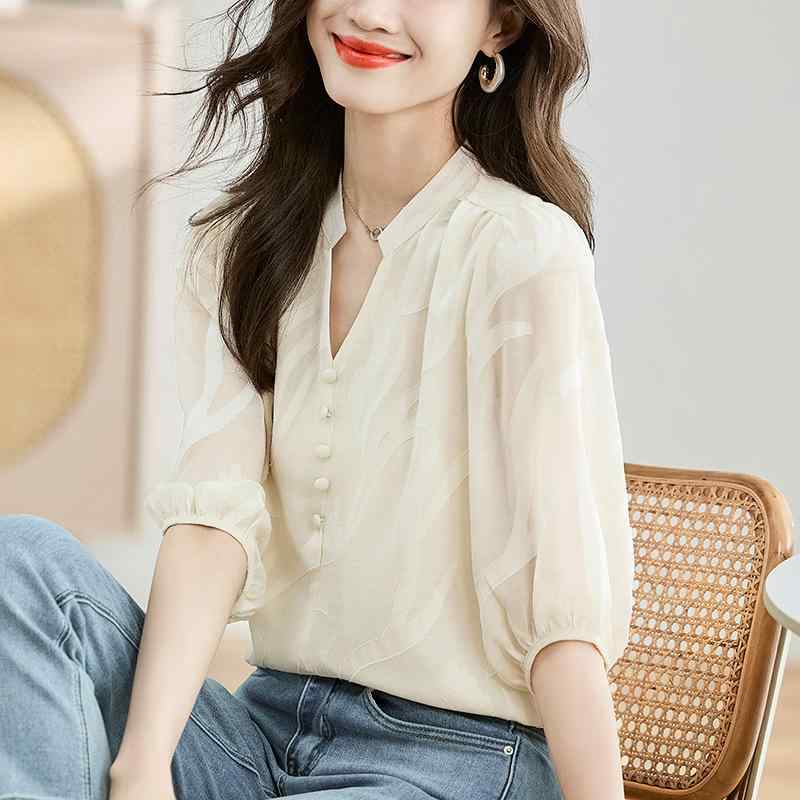 Rakuten - ブラウス 女性用 春夏 トップス 短袖 シフォン レース ワイドシルエット 七分袖 ゆったり 腹部カバー スリム効果 気質 エレガント 軽量 通気性 吸湿速乾 再生繊維 ブラック ピンク系 アイボリー