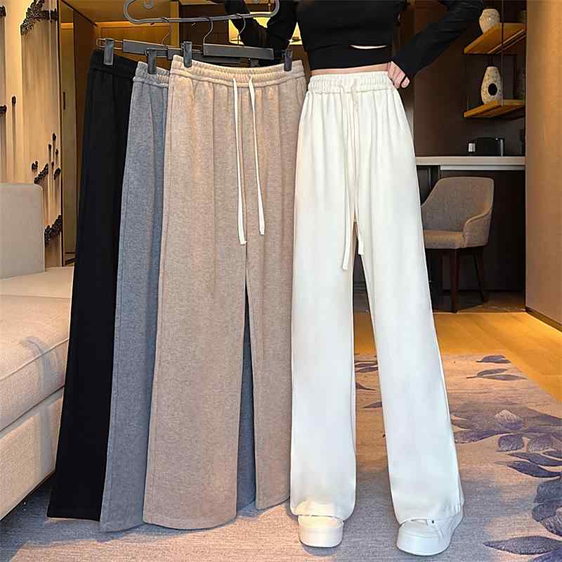 八分褲 - レディース ワイドパンツ 秋冬 高腰 ストレッチ 薄手 コットン 素材 普段使い 軽量 直筒 シルエット ブラック グレー ベージュ カラーバリエーション スポーツミックス スタイル 通勤 通学 対応 ゆったり フィット 吸湿速乾 機能 膝下丈 ロング丈