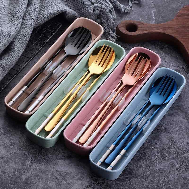 ステンレス 食器セット 箸 スプーン フォーク 3点組 かわいい デザイン 軽量 コンパクト ポータブル ケース付き 通勤 旅行 学生用 日常使い 弁当 対応