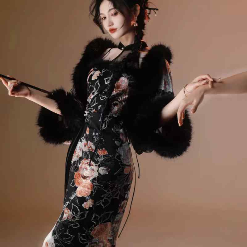 レディース チャイナドレス 黒 ベルベット ワンピース 秋冬 セット 新婦 モーニングローブ 礼服 高級感 ソフト素材 エレガント デザイン フォーマル スタイル
