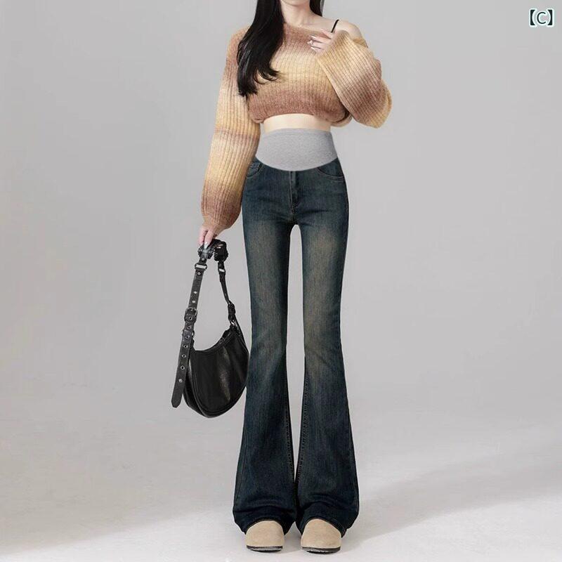マタニティパンツ 妊婦用 デニム 春秋 薄手 スリムフィット 微フレア お腹サポート...