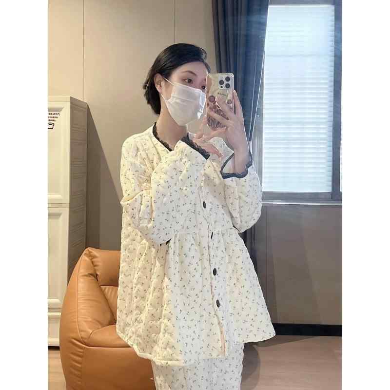 Pajamas, Nighty - 秋冬 マタニティパジャマ 産後授乳 寝間着 小花柄 コットン 厚手 軽量 通気性 暖か セット フラワープリント 女性用 快適 吸湿 速乾