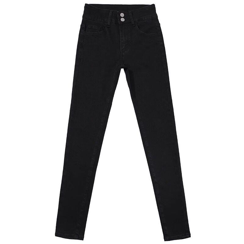 貼身褲 - デニムパンツ レディース 秋冬 ブラック ハイウエスト スリム タイト ペンシル 起毛 ストレッチ 細身 暖か 通勤 カジュアル デニム素材