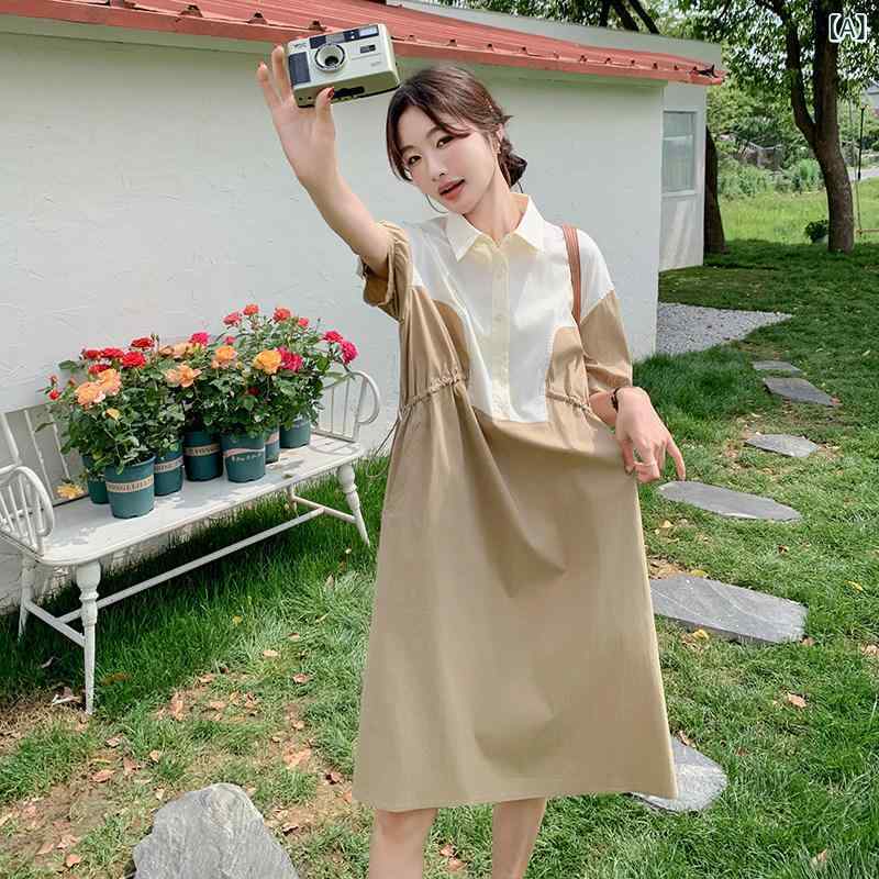リバーパディのワンピース レディース 夏用 大サイズ ゆったり 妊婦 マタニティ ぽっちゃり対応 スリム見せ お腹カバー カーキ色 切り替え 収腰 ウエストシェイプ 中長丈 フィット 通勤 普段使い｜アングル2