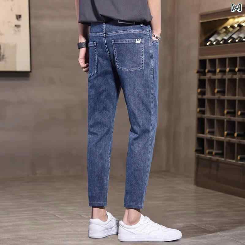 貼身褲 - デニムパンツ メンズ 秋冬 スリムフィット テーパードレッグ ブラック カジュアル ロング丈 デニム素材 伸縮性 裏地付き 暖か 通勤用 普段使い