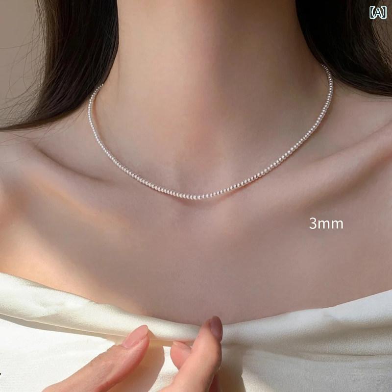 Heart - ネックレス 女性用 小粒真珠 3mm パールチェーン 繊細デザイン 日常使い シンプルアクセサリー シルバー加工 軽量 普段使い ギフト対応