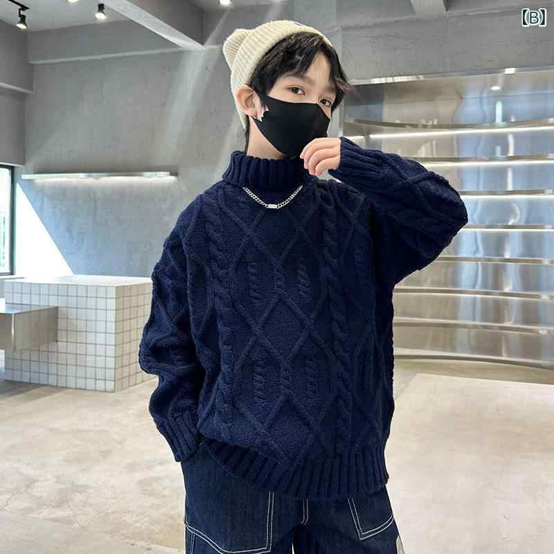 キッズ 男の子 韓国風 ハイネック ニットセーター 秋冬 暖か 伸縮性 ウール混 スタ...