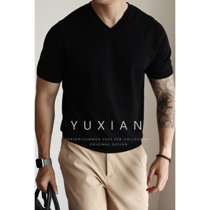 Tシャツ トップス Vネック 半袖 ニット 接触冷感 薄手 レトロ インナー ビジネス 通気性 春夏 アメリカンスタイル 吸湿速乾 軽量 伸縮性