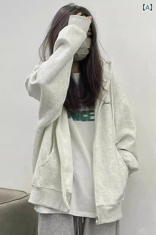 Other - パーカー 女の子 秋冬 綿 レトロ アメリカン ジッパー フード 付き グレー 薄手 スウェット 春秋 少女 伸縮性 軽量 カジュアル 普段使い