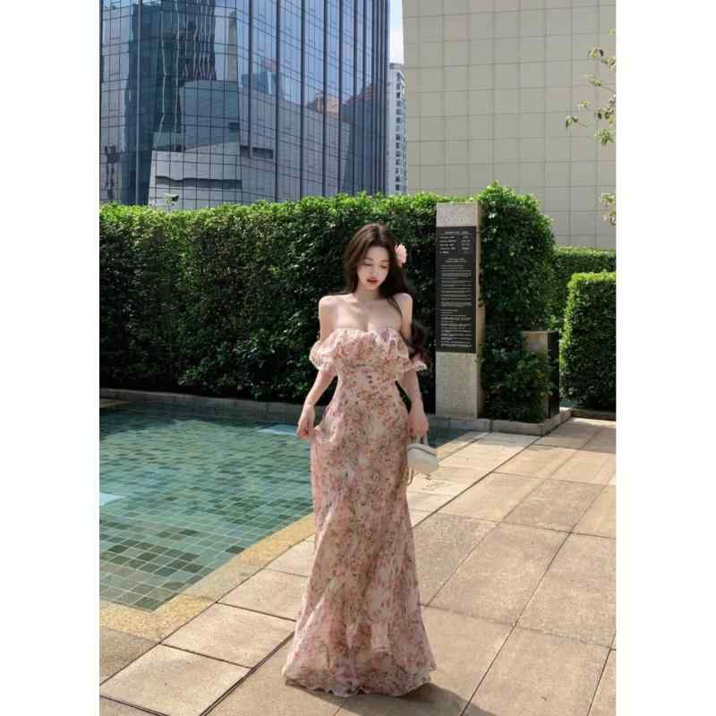 ワンピース レディース オフショルダー フラワープリント ミディ丈 夏 バカンス ロングドレス ウエストシェイプ 優しいスタイル エレガント 軽やか コットン混 膝下丈 花柄 女性用 日常使い 旅行向き 柔らかい素材 フェミニン シルエット