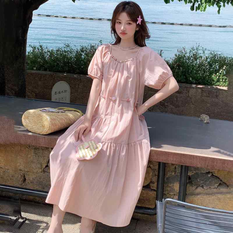 ワンピース レディース ピンク スクエアネック ゆったり ロングドレス 夏用 かわいい 体型カバー スイート ビッグシルエット 普段使い 軽量 吸湿速乾