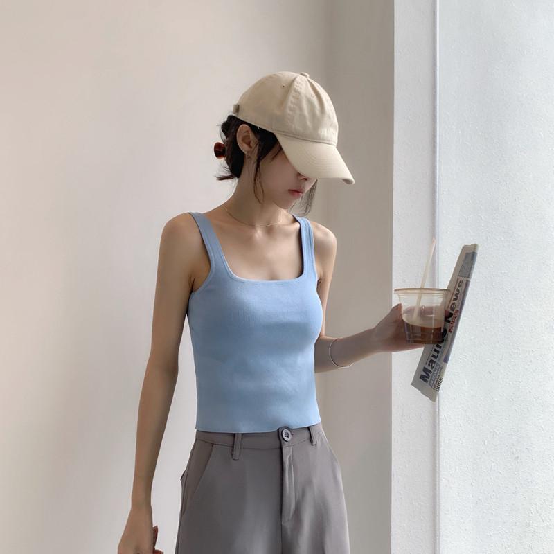 Camisoles - レディース ニット キャミソール スクエアネック ショート丈 鎖骨見せ インナー 単独着用 スリムフィット ウエスト丈 細ストラップ 美背 トップス ボディコンシャス ストレッチ素材