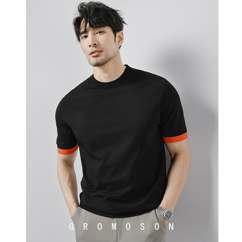 Other - メンズ ニットTシャツ クルーネック コントラストカラー デザイン 夏用 カジュアル 短袖 インナー トップス 通勤 普段使い スタイリッシュ 軽量 吸湿速乾 綿素材 ビッグシルエット ブラック ネイビー