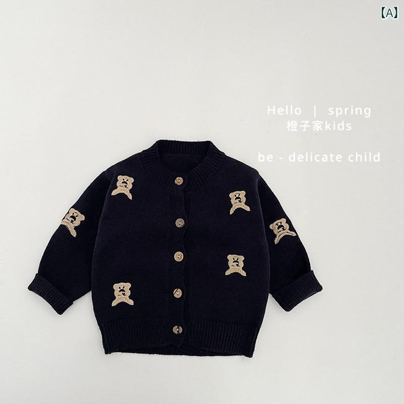 ベビー ニット カーディガン 春物 男の子 女の子 クマ 刺繍 かわいい デザイン 柔らかい 素材 コーディネート しやすい トップス 乳幼児 用 軽量 伸縮性