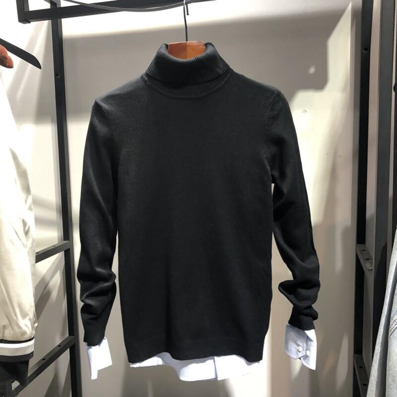 メンズ 秋冬 暖か 厚手 ブラック 折り返し 高領 カシミア混紡 ニット セーター トップス ウール 混紡 ニットウェア