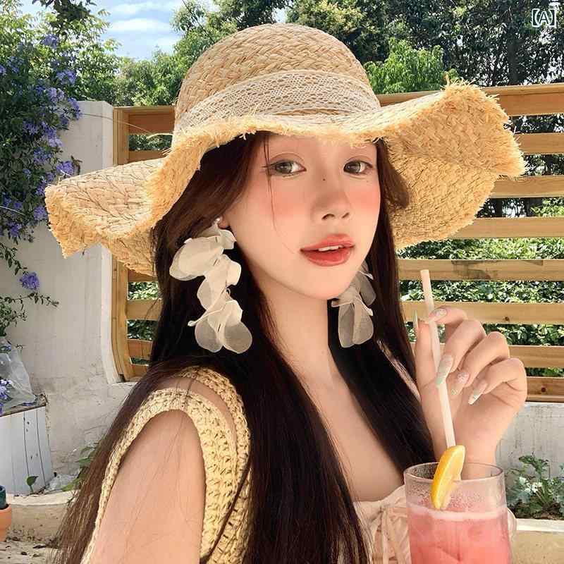 リバーパディの麦わら帽子 女性用 夏 大つば UVカット ビーチハット リゾート 編み込み ストロー ワイドブリム 日よけ 紫外線対策 軽量 涼しい ファッション｜アングル2