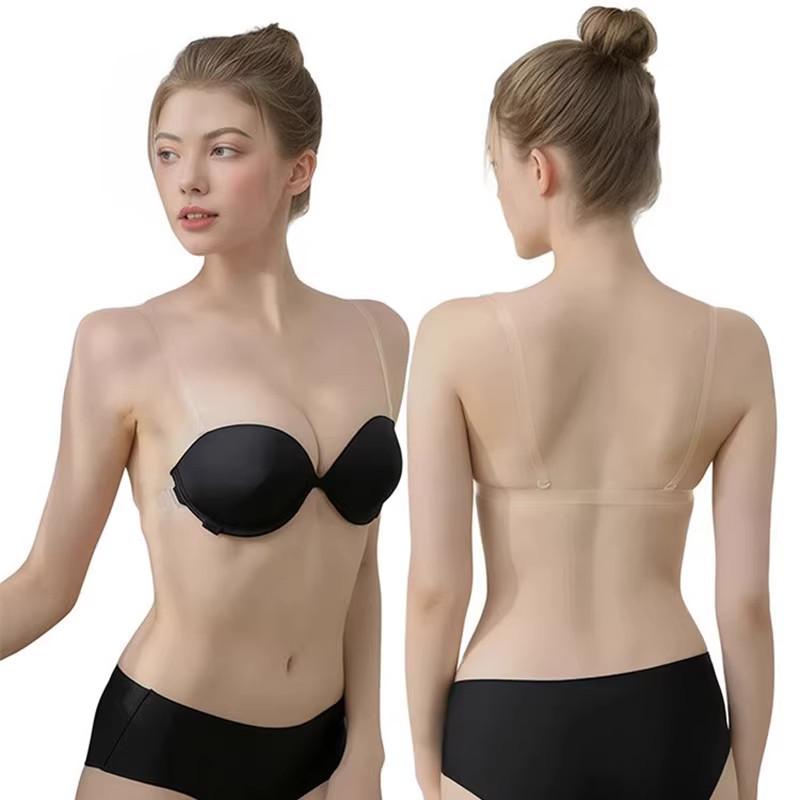 インビジブルブラ 女性用 ストラップレス 透明ストラップ 肩出し 美背 厚手 寄せ上げ 小胸向け ウェディングドレス 礼服用 バッククロ..