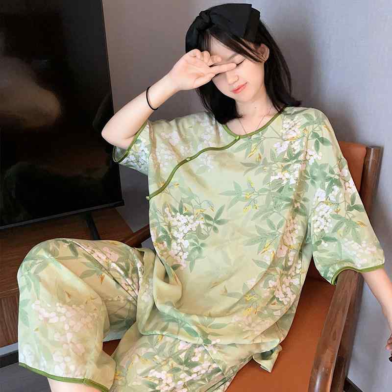 パジャマ レディース 中華風 七分丈パンツ セット 中袖 夏用 薄手 ゆったり 大きめサイズ 綿 　調素材 接触冷感 部屋着 ホームウェア リラックスフィット 軽量 吸湿速乾