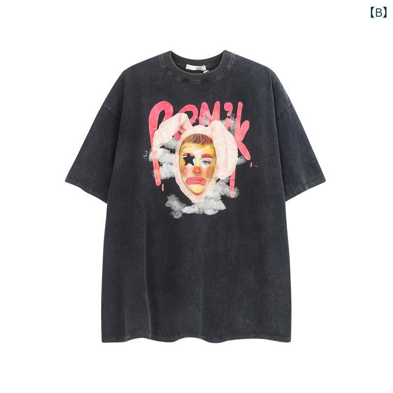 リバーパディのTシャツ トップス メンズ レディース 半袖 ピンク ピエロ柄 プリント ゆったり フィット カジュアル 夏用 アメリカンスタイル ヴィンテージ ペア 情侣｜アングル3
