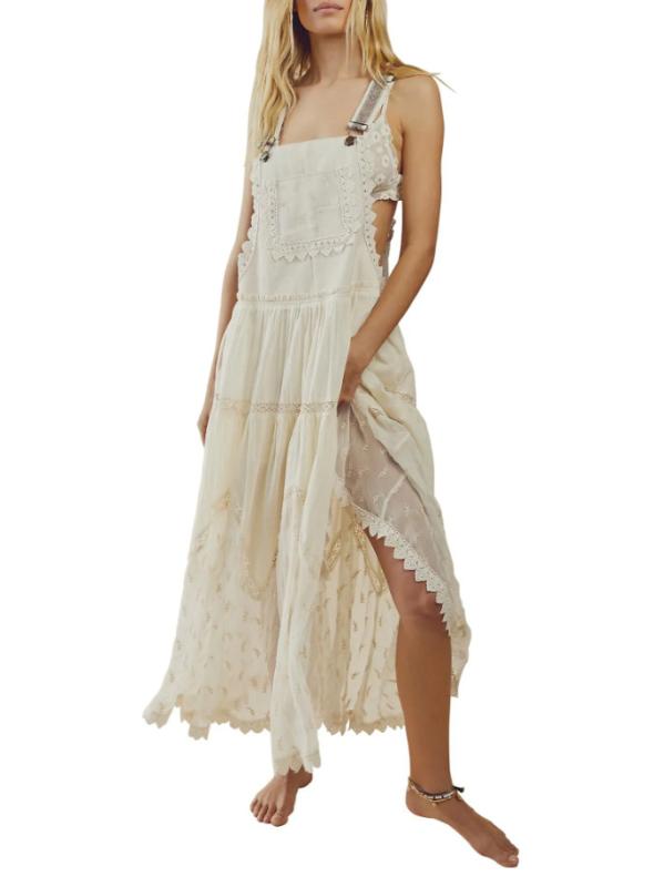 Women's Long-Sleeve Lace Embroidered Midi Dress with Adjustable Shoulder Straps, Lightweight Silhouette, Cotton Blend, Floral Embroidery, Flared Skirt, Suitable for Spring, Summer, and Autumn, Casual Wear, Commuting, Dates, Feminine Style, Available in Beige, Black, Pink, and Ivory.