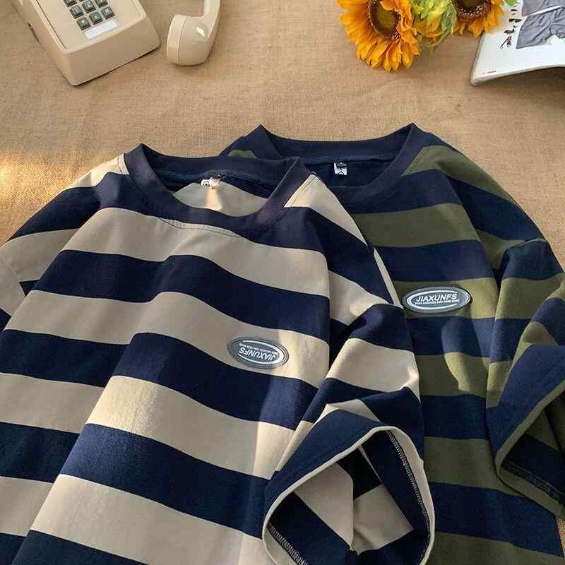 半袖Tシャツ メンズ レディース 夏用 日系 ストライプ ゆったり カジュアル トップス 綿素材 普段使い 軽量 吸湿速（1枚目）