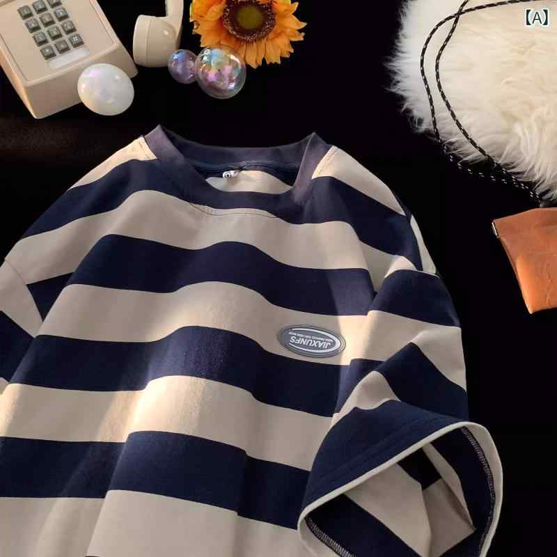 半袖Tシャツ メンズ レディース 夏用 日系 ストライプ ゆったり カジュアル トップス 綿素材 普段使い 軽量 吸湿速（2枚目）