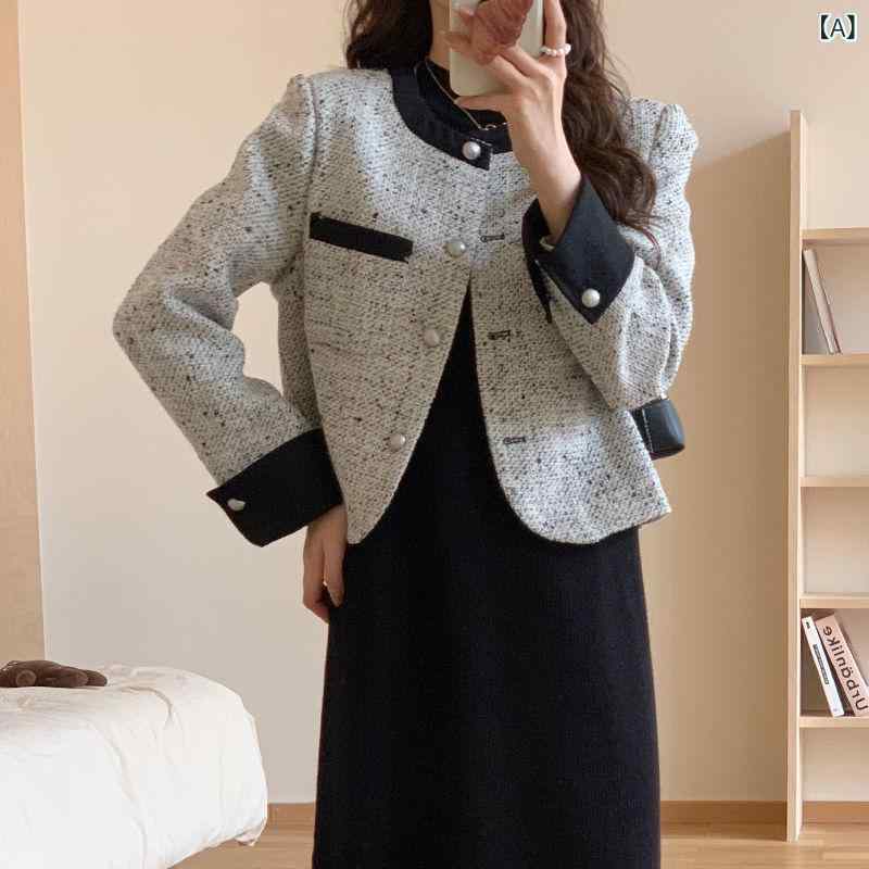 乐天商城 - レディース ニット ベルベット 切り替え ジャケット 春夏 シングルブレスト 百搭 スリム トップス 軽量 伸縮性 コットン 混紡 ロングスリーブ スタンドカラー フェミニン スタイル 普段使い 通勤 カジュアル