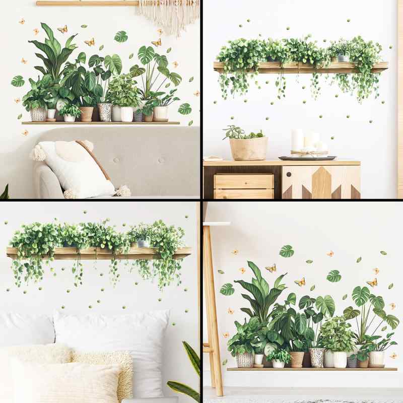 壁 ステッカー 緑 植物 花 モチーフ 花柄 壁紙 シール 光沢 壁面 装飾 自己接着 剥がせる 壁貼り 室内 インテリア デコレーション フラワー グリーン モダン デザイン