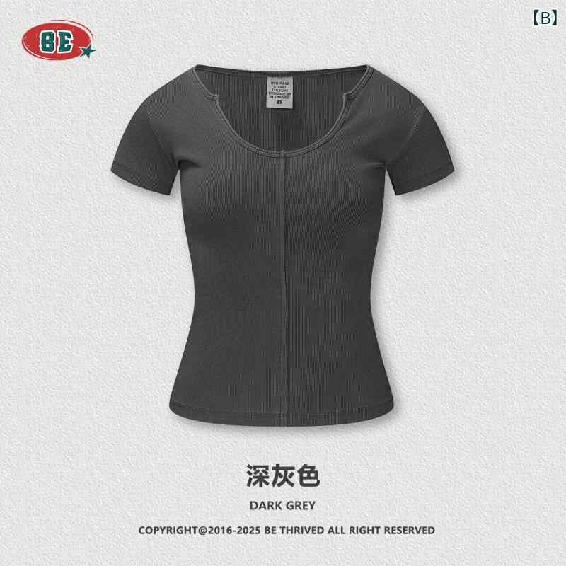 リバーパディのトップス レディース 半袖 Tシャツ 深Uネック タイト スリム フィット 着痩せ 体型カバー セクシー カジュアル 欧米スタイル 伸縮性 綿混 無地 ショート丈 カットソー インナー ストレッチ 春夏 シンプル クルーネック きれいめ デイリーユース｜アングル2