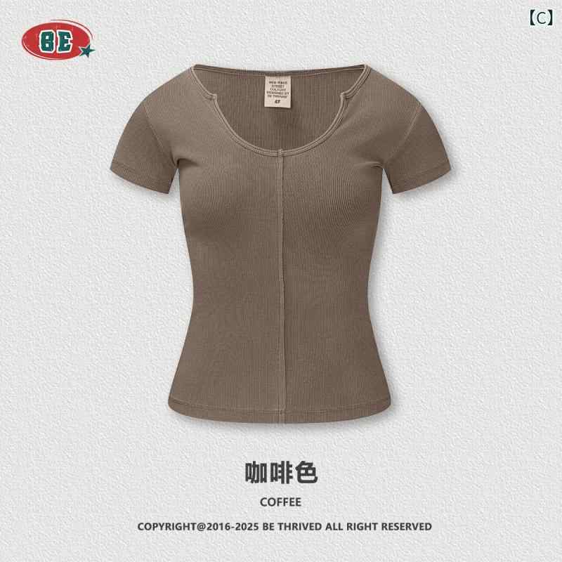 リバーパディのトップス レディース 半袖 Tシャツ 深Uネック タイト スリム フィット 着痩せ 体型カバー セクシー カジュアル 欧米スタイル 伸縮性 綿混 無地 ショート丈 カットソー インナー ストレッチ 春夏 シンプル クルーネック きれいめ デイリーユース｜アングル3