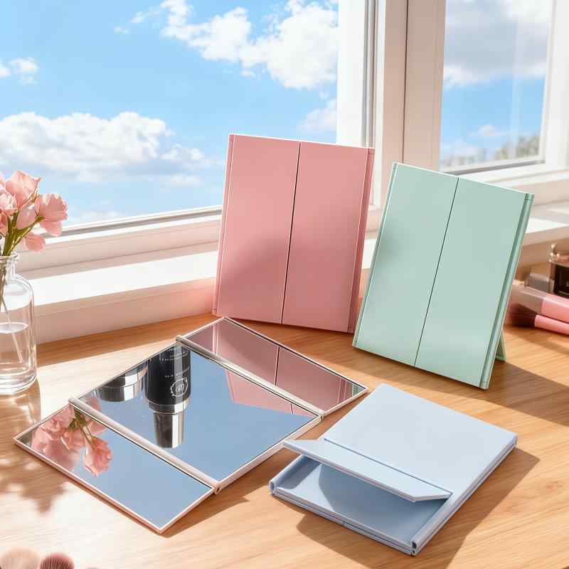 Triple Mirrors - 折りたたみ メイクアップミラー 卓上 かわいい ポータブル コンパクト 収納可能 化粧 補粧用 スタンド式 軽量 鏡面 ピンク系 アイボリー 普段使い 女性向け