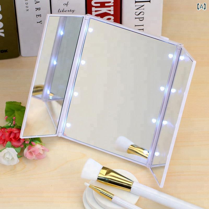リバーパディの折りたたみ化粧鏡 卓上 コンパクト ポータブル LEDライト 折り目三つ折り メイク用 旅行 持ち運び 軽量 明るい照明 鏡面 スタンド式 女性用 メイクアップ ハンドヘルド 折り畳み 卓上置き ポケットサイズ｜アングル2