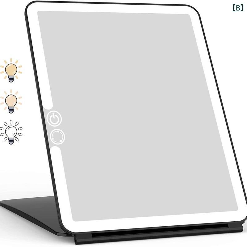リバーパディのLED 化粧鏡 折りたたみ式 卓上 ポータブル 大型 三色光 メイクアップ 補光 鏡 ドミトリー 収納 軽量 コンパクト ベッドサイド 照明 機能 メイク サポート ナチュラル ライト 調整 可能 スキンケア 専用 ブラック ホワイト ピンク カラーバリ｜アングル3