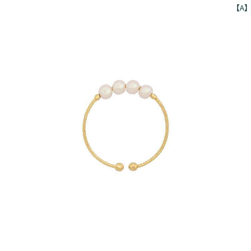 指輪 女性用 シンプル 開口型 パール 装飾 ファッション リング ハンドアクセサリー 銀色 ゴールド カラー 日常使い 軽量 細身 形状 かわいい スタイル riverpaddy-11402198 リバーパディ サンプル画像2