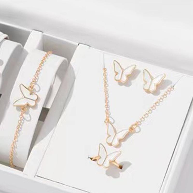 Ladies' Jewelry Set: Gold Butterfly Motif, Drop Oil Finish, Zirconia Decoration, Delicate Design, Lightweight, Suitable for Everyday Wear, Set Includes Ring, Necklace, Earrings, Wrist Chain, Sparkling Accessories, Perfect for Women's Fashion Coordination