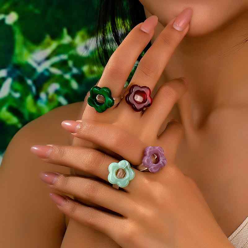 Other - レディース 指輪 アクリル 素材 花 モチーフ 切り抜き デザイン 5弁 花びら 個性派 ファッション リング 華奢 デザイン 軽量 普段使い シルバー トーン 春夏