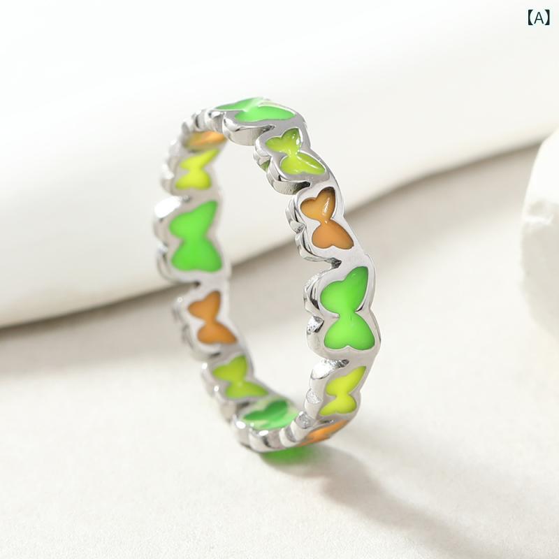 樂天商城 - 指輪 女性用 かわいい カラフル 夜光 ドロップオイル 蝶 個性 ステンレス アクセサリー 軽量 耐久性 ファッション ジュエリー ピンク系 ブルー グリーン 通勤 普段使い