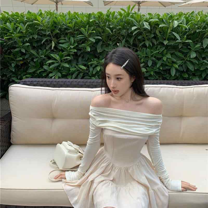 樂天商城 - ワンピース 女性用 秋春 黒 ワンショルダー 長袖 収腰 スリム 御姐 切り替え 再生繊維 伸縮性 軽量 通勤 普段使い ハイウエスト ビッグシルエット Vネック ブラック ピンク系 アイボリー